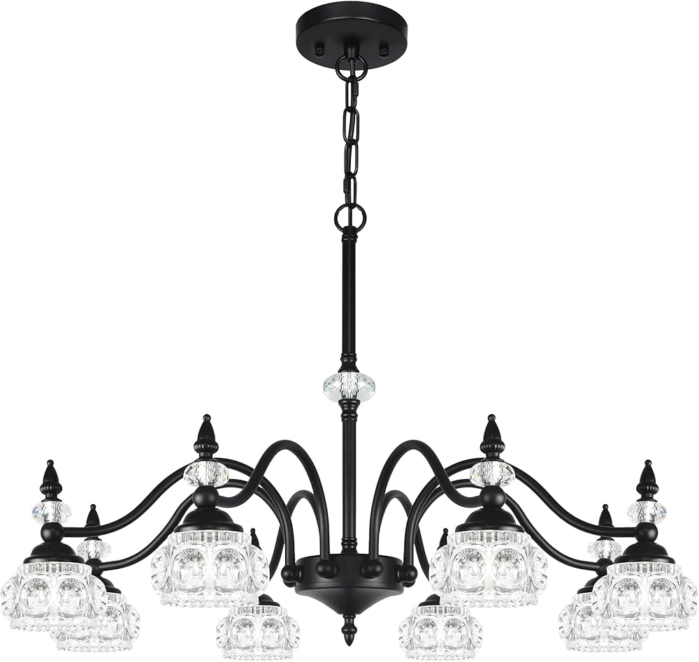8-Light Chandeliers Light Fixture Modern Black Crystal Glass Shade Pendant Lighting for Kitchen Island Dinning Room Bedroom Foyer Entryway Restaurant