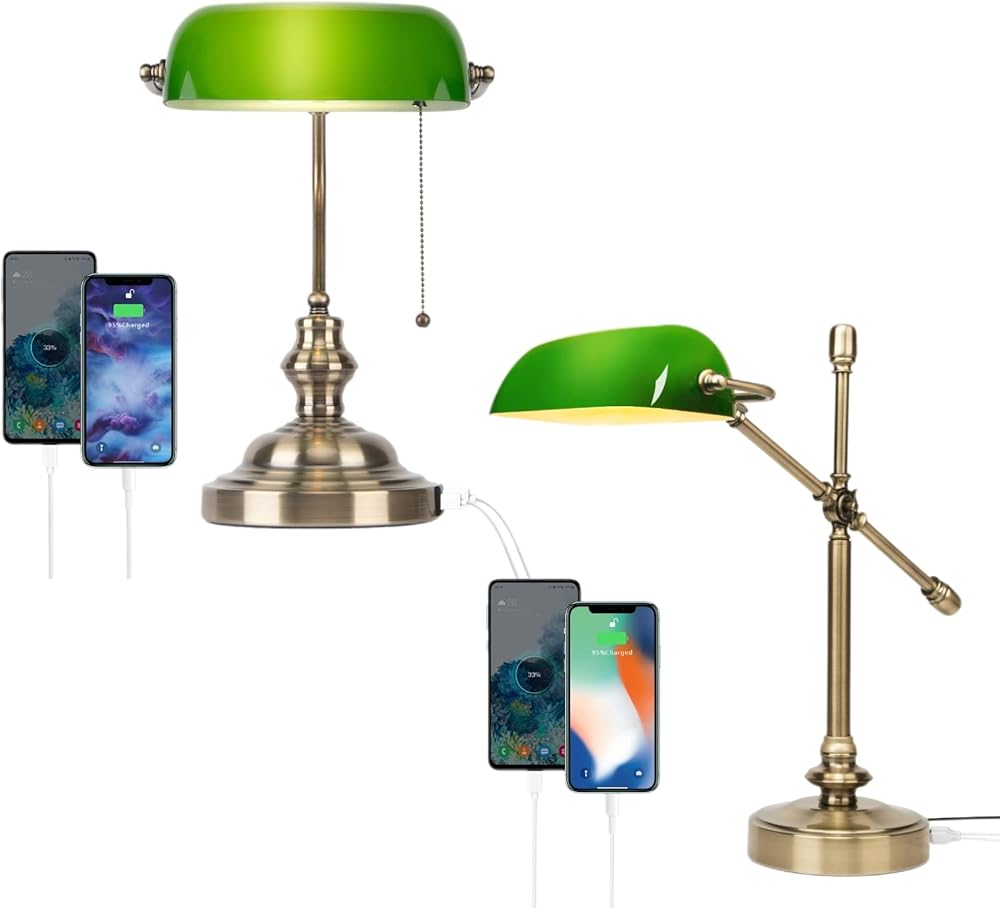 FIRVRE Green Glass Bankers Lamp with 2 USB Port，Pull Chain Switch Desk Lamp with Swing Arm Desk Lamp with USB Charging Port