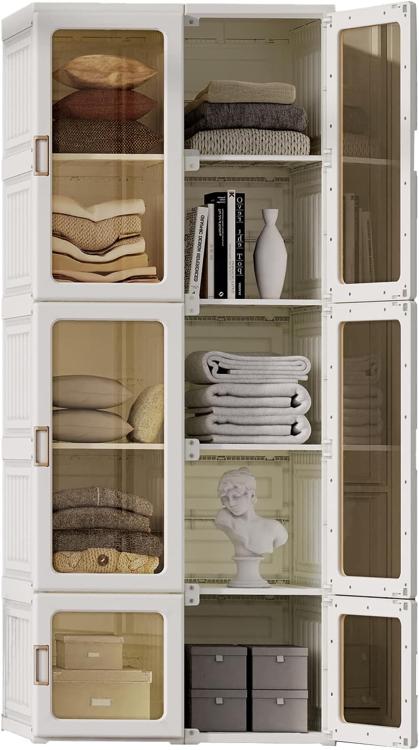 Portable Wardrobe Closet Storage Organizer for Clothes,Transparent Door Panels,Suitable for Living Room, Bedroom,Plastic Wardrobe with Magnetic Door and Easy Assembly 10 Cubes