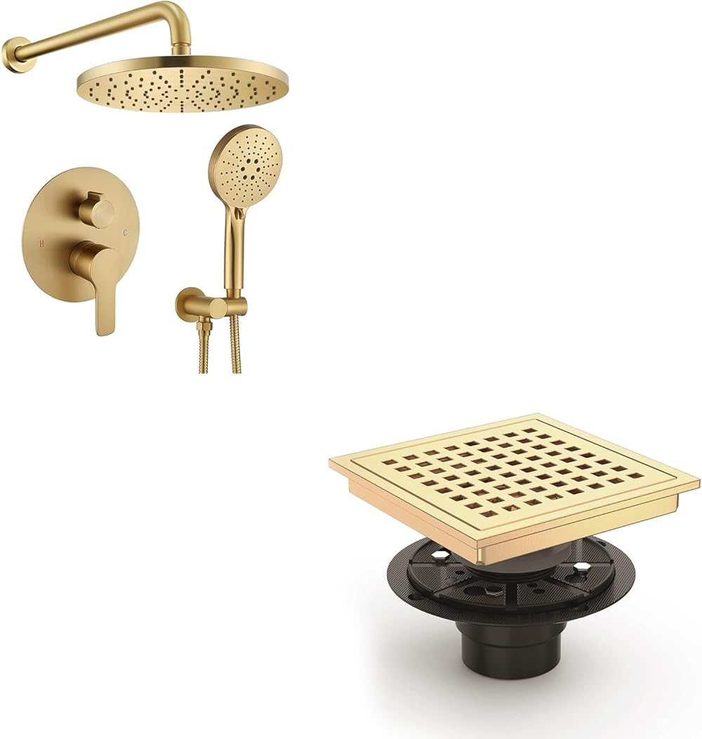 Iriber Shower System Wall Mounted Shower Faucet Mixer Set with Luxury High Pressure Shower head and 3-Setting Handheld and Iriber 6 Inch Square Shower Floor Drain with PVC Shower Drain Base