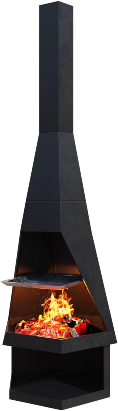 Chiminea Outdoor Fireplace, 60x18in Cold-Rolled Steel Wood Burning Fire Pit, Patio Metal Rocket Fireplaces, Free Standing Fireplace with Built-in Log Storage for Garden and Backyard