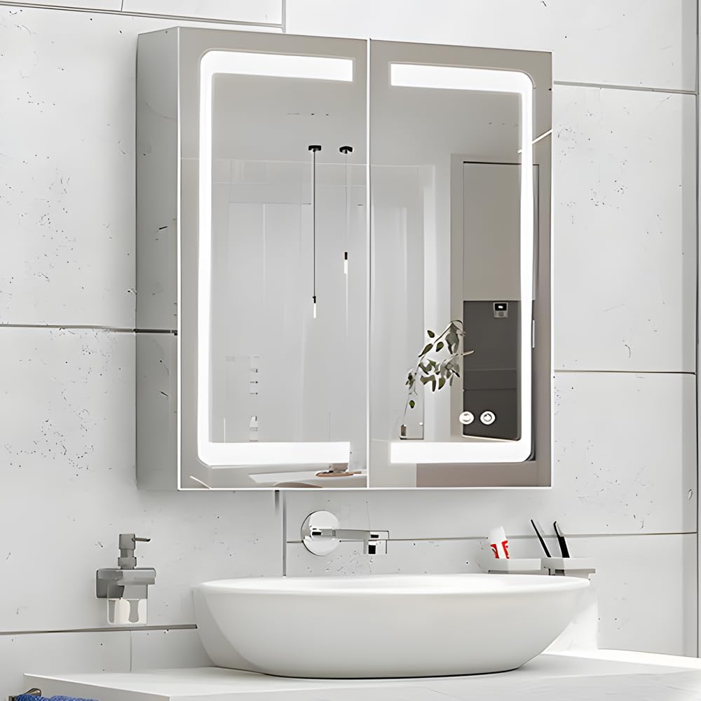 Stainless Steel LED Medicine Cabinet,Bathroom Mirror Cabinet with Light,3 Color,Dimmable,Equipped with Defogger,USB Shavor Socket,Internal Light,30×32 Inch