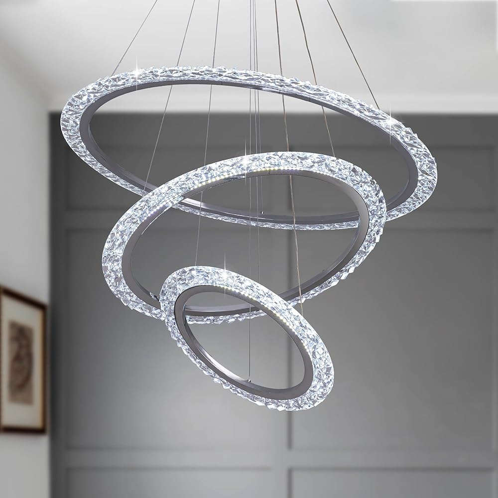 Modern 3 Ring Crystal Chandelier, D31.5 Inch LED Ring Ceiling Light Fixtures, Luxury Chandelier for Dining Room, Living Room, Kitchen Island, Entryway, Adjustable (Max 71