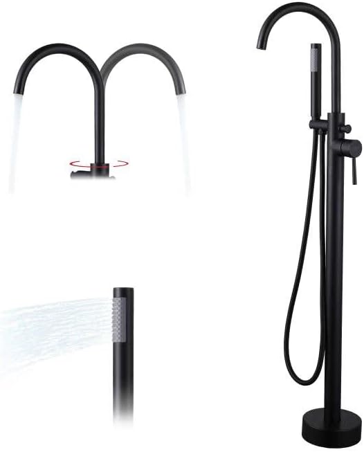 Free Standing Tub Faucet Matte Black Freestanding Bathtub Faucet with Sprayer High Flow Floor Mount Tub Filler with Hand Shower Bathroom Standing Floor Faucet Brass, Single Handle - JIAENLEMA