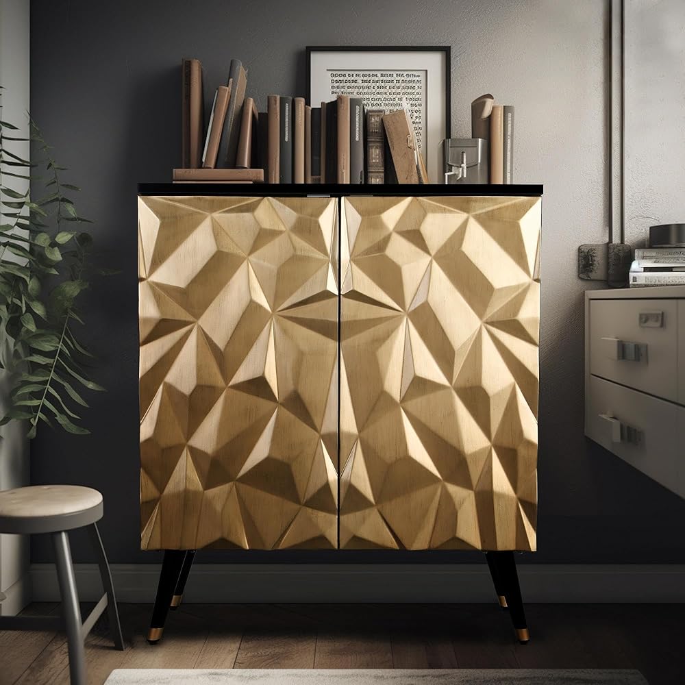 Modern Accent Cabinet, Black and Gold Sideboards and Buffets with Storage, Kitchen Freestanding Chest with Doors, Shelves and Wood Legs for Living Room, Bedroom, Office and Hallway