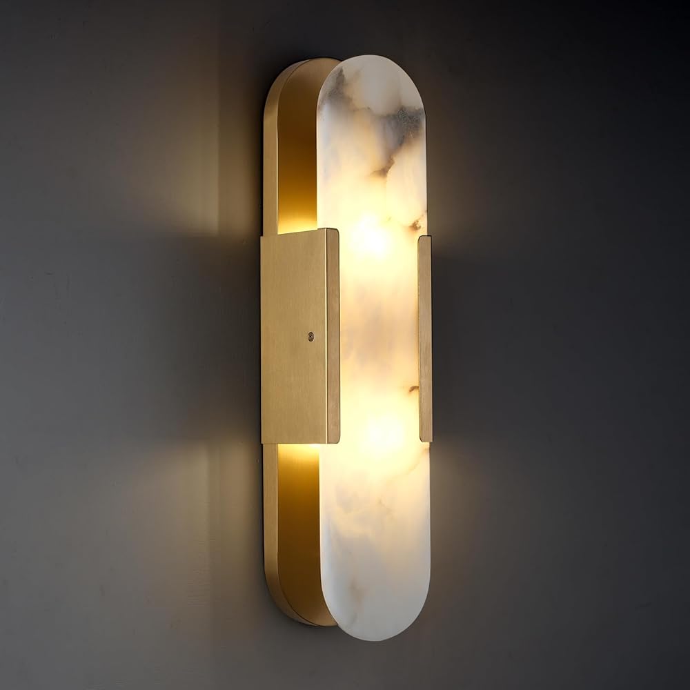 Brass Alabaster Wall Sconce, Modern Indoor Lighting, 19.7in, Spain Natural Marble, G9 Socket, Living Room, Dining Room, Stairs, Bedroom