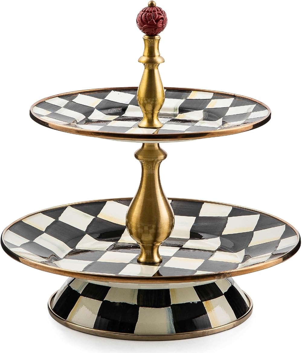 MACKENZIE-CHILDS Enamel Two-Tier Sweet Stand, Two-Tiered Serving Tray for Dessert, Black-and-White Courtly Check