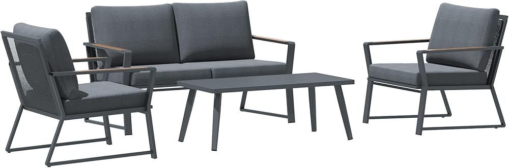 4 Piece Patio Furniture Set, Aluminum Conversation Set, Outdoor Garden Sofa Set with Armchairs, Loveseat, Center Coffee Table and Cushions, Dark Grey