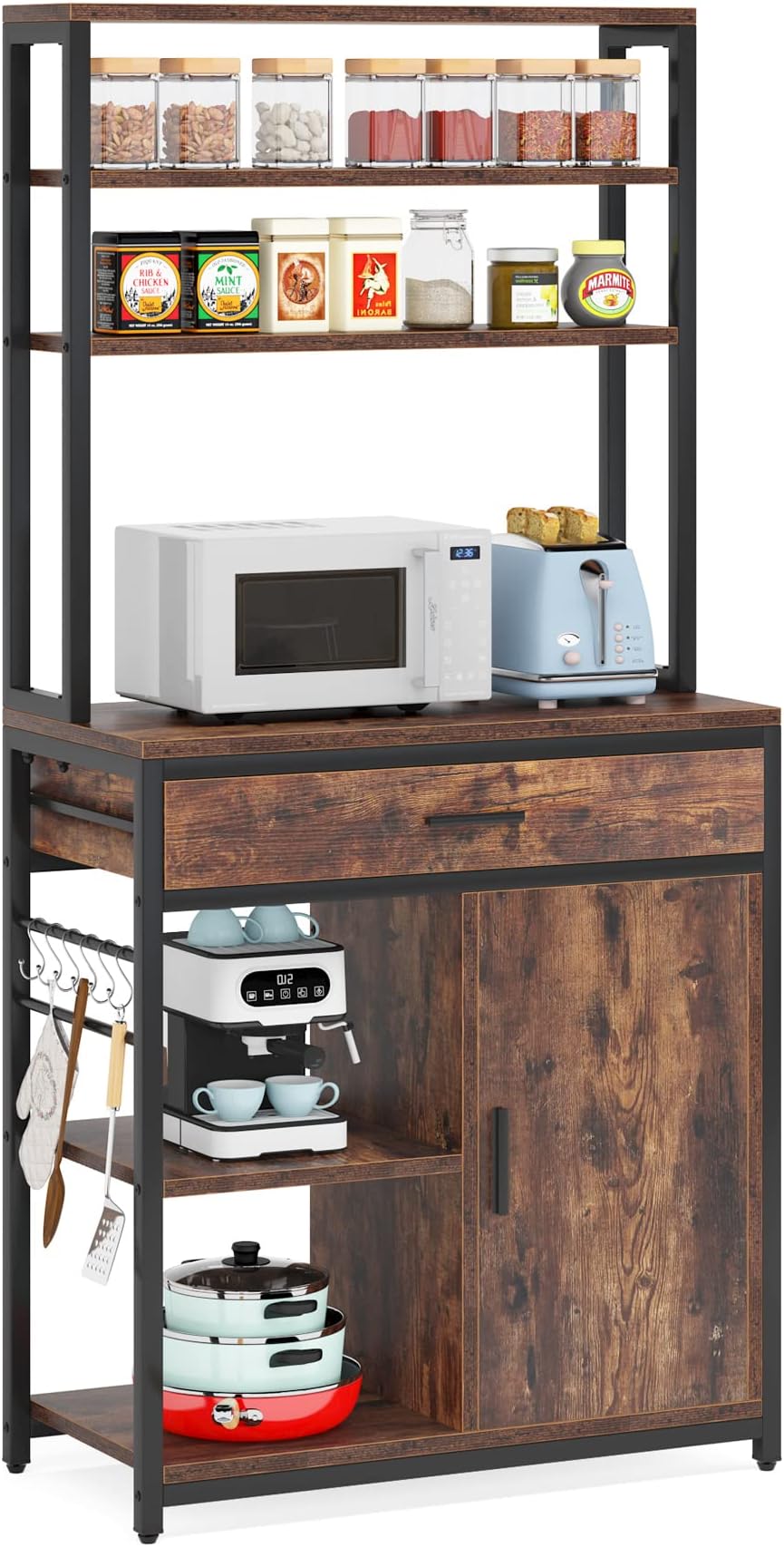 Bakers Racks for Kitchen with Cabinet, Large Capacity Microwave Stand with Drawers, 6-Tier Kitchens Utility Storage Shelves with Side Hooks, Rustic Brown