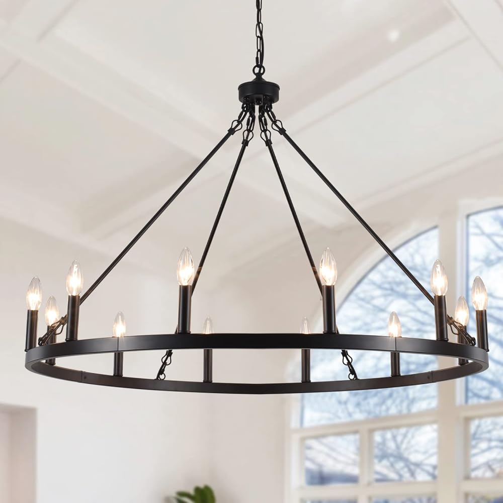 Black Wagon Wheel Chandelier 12-Light Farmhouse Chandelier for Living Room 38