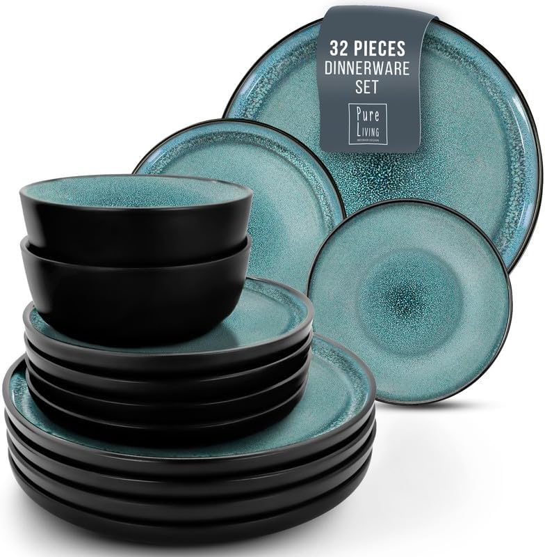 32 Piece Dinnerware Sets for 8 - Modern Style Stoneware Dinnerware Set - Scratch Resistant, Dishwasher Safe Plates and Bowls Sets Ceramic, Dish Set, Bowl and Plate Set - Black and Petrol Blue