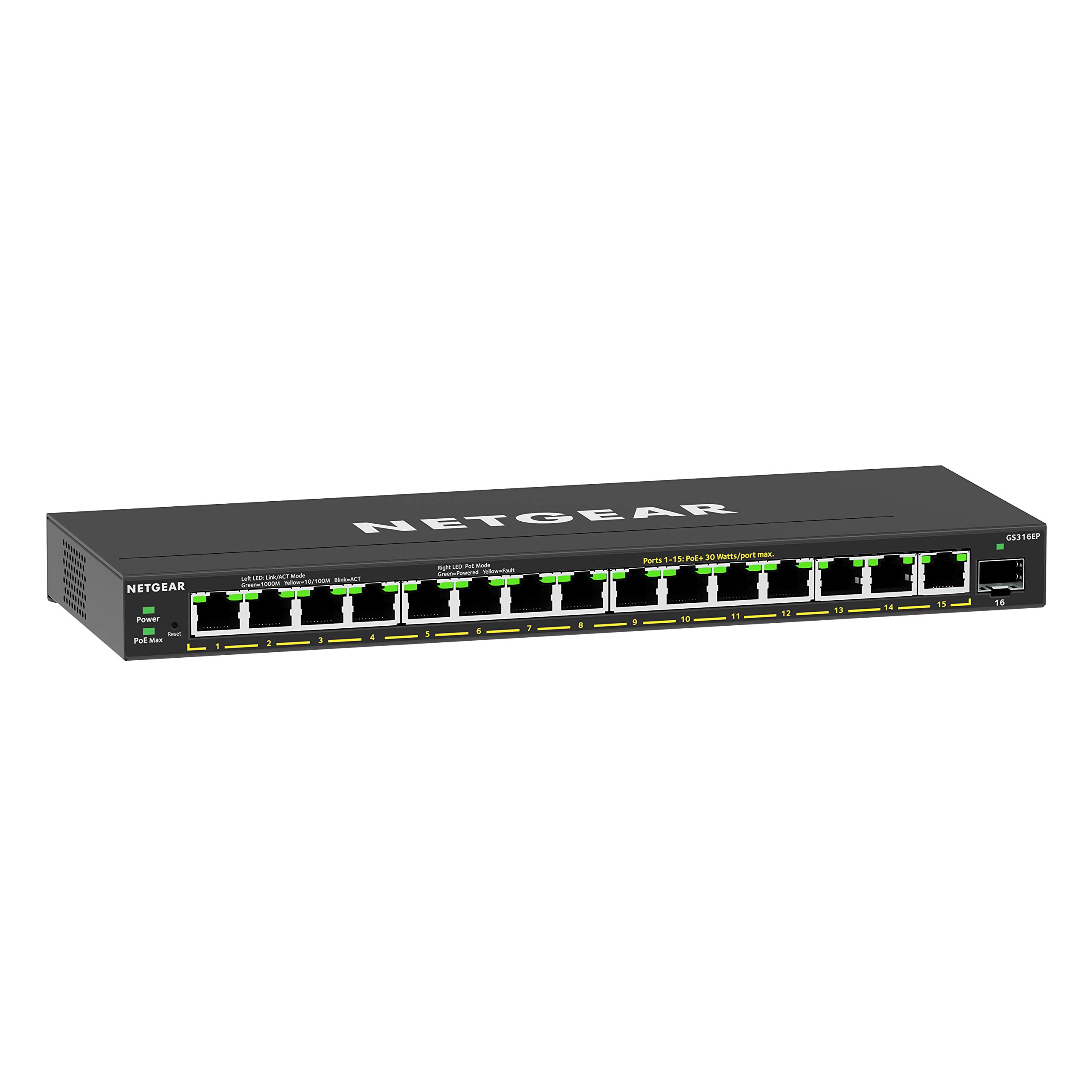 NETGEAR 16-Port PoE Gigabit Ethernet Plus Switch (GS316EP) - Managed, with 15 x PoE+ @ 180W, 1 x 1G SFP Port, Desktop or Wall Mount
