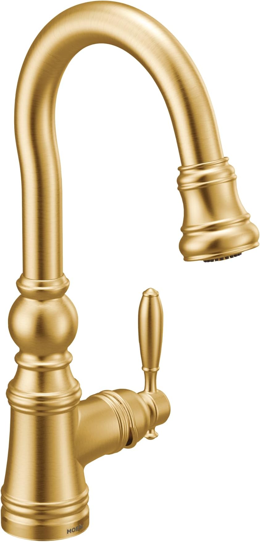 Moen S53004BG Weymouth Shepherd's Hook Pulldown Kitchen Bar Faucet Featuring Metal Wand with Power Clean, Brushed Gold