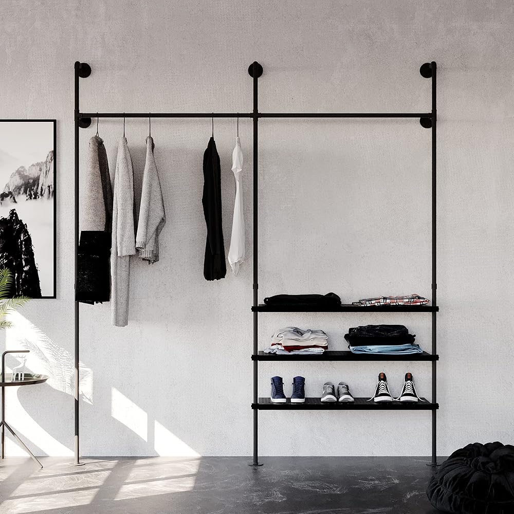 pamo industrial pipe clothing rack - IDA - clothes rack for wardrobe, bedroom and as walk-in closet system. Sturdy clothing racks for hanging clothes I wall mounted heavy duty clothes rack
