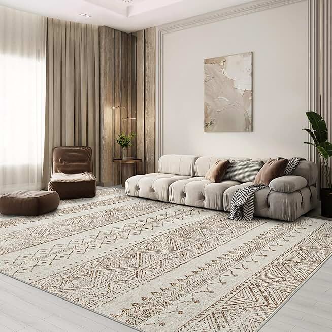 10x14 Area Rugs Living Room Rugs: Large Washable Rug with Non-Slip Backing Non Shedding Stain Resistant Geometric Moroccan Carpet for Dining Room Nursery Home Office - Brown/Ivory