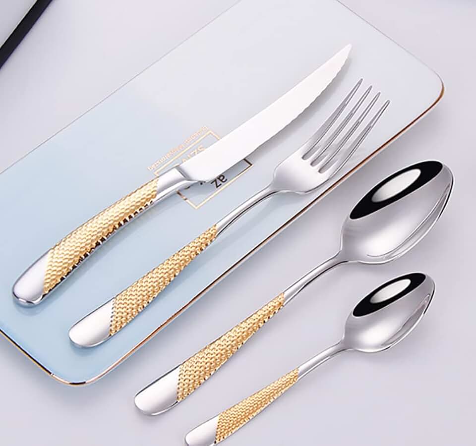 Gold Hammered Silverware Set 64-Piece Stainless Steel Flatware Set for 16, Food-Grade Tableware Cutlery Dinnerware Set Kitchen Utensil Sets for Home Restaurant, Mirror Finish, Dishwasher Safe