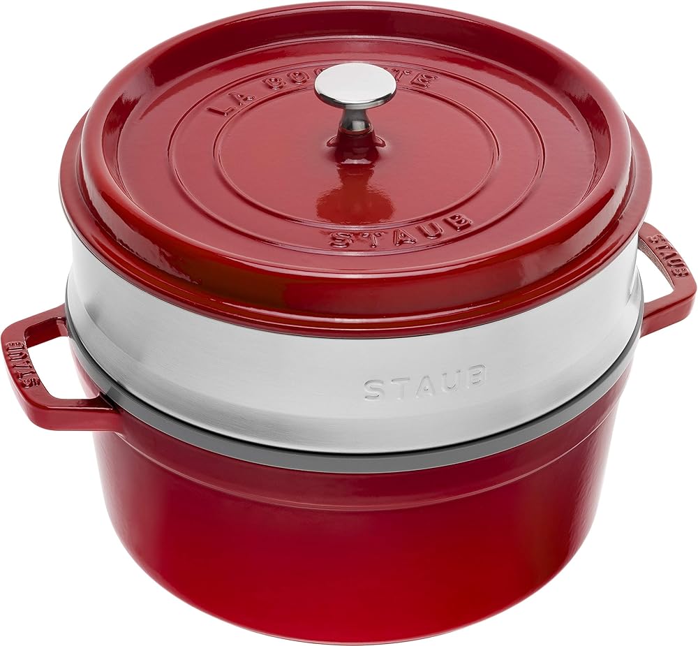 Staub 40510-601 Picotte Round Cherry, 10.2 inches (26 cm), Steamer Set, Large, Double Handed, Casting, Enameled Pot, Steamer, Induction Compatible, La Cocotte Round