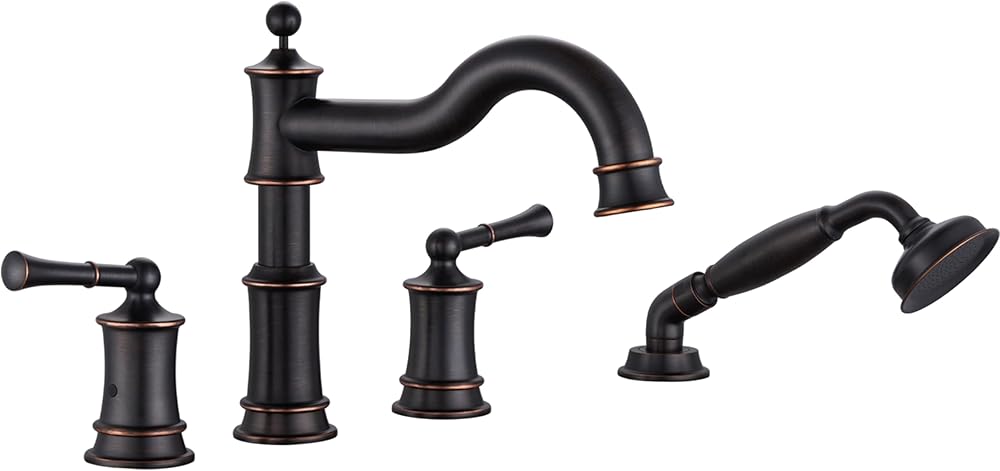 Roman Bathtub Faucet Set W/Handheld Shower 4 Holes Deck Mount Tub Filler With Diverter, 2 Lever Handles Rough-in Valve & Water Supply Lines Included for Bathroom Tub, ORB