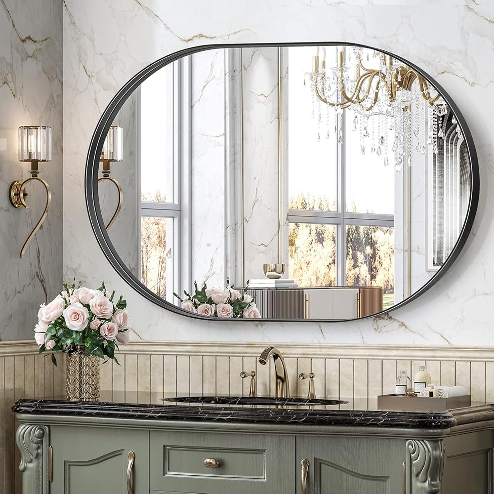 Brightify Black Oval Mirror for Wall 30x42 Inch, Metal Framed Bathroom Vanity Mirrors, Modern Pill Mirror for Bedroom Living Room Wall Decor Hang Vertical and Horizontal