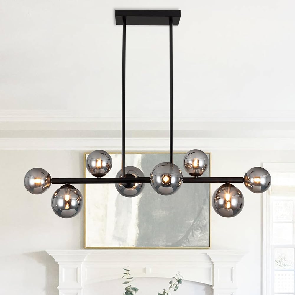 Jonsi Modern Sputnik Chandelier - 8 Lights Globe Smoke Glass Lampshade, Black Linear Mid Century Farmhouse Pendant Light Fixture for Kitchen Island, Living Room Dining Lighting