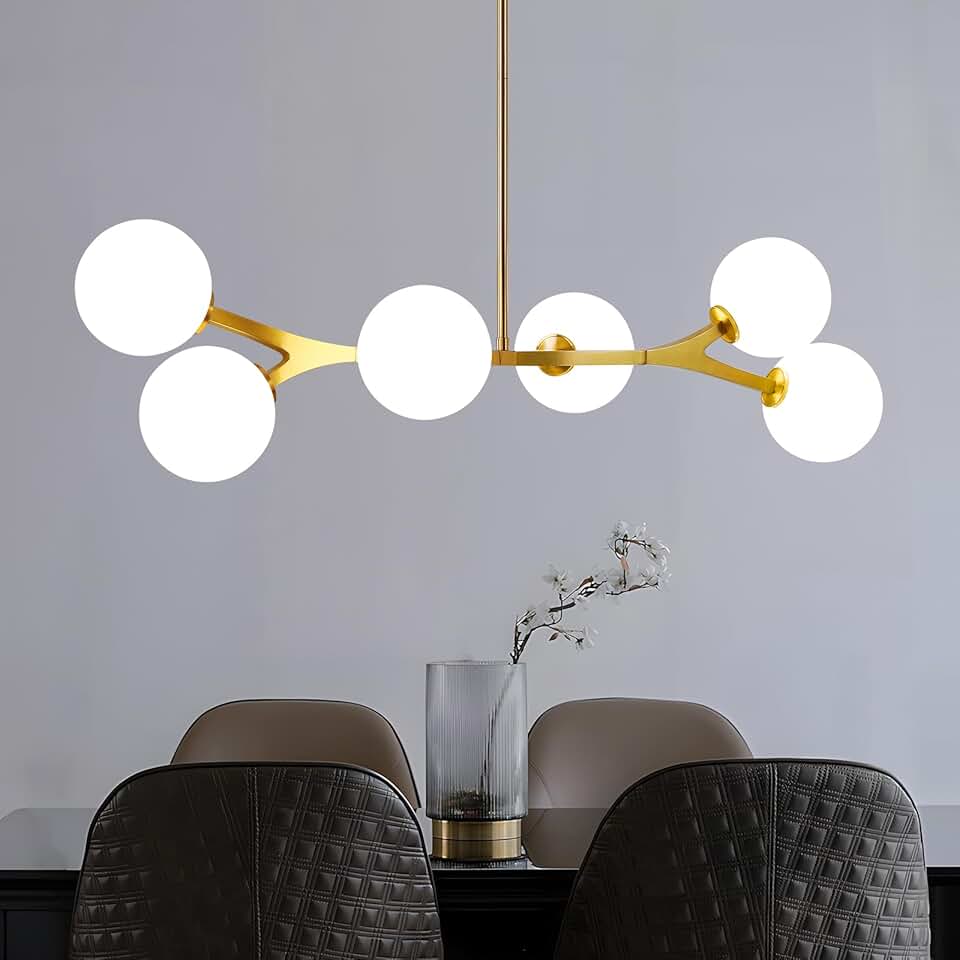 Modern Gold Sputnik Chandelier - 6-Light Pendant Light with Adjustable Height, Gold Ceiling Light Fixture with White Globe Shades Ideal for Living Room Dining Room Bedroom (Exclude E12 Bulb)