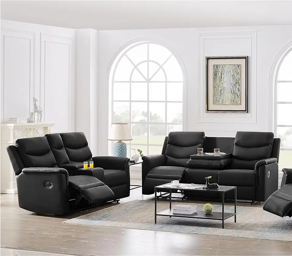 FANYE Pieces Faux Leather Manual Motion Set Include 3 Seater Loveseat W/Cup Holders and 4 Recliner Chaises,PU Wall Hugger Sofa & Couch for Home Theater Apartment RV Living Room, 77.5”, Black/2+3