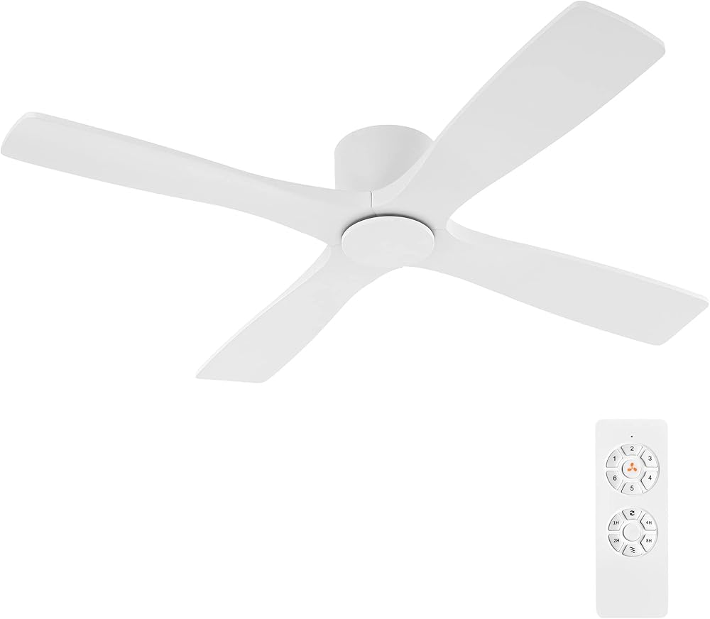 WINGBO 60 Inch Flush Mount DC Ceiling Fan without Lights, 4 Reversible Carved Wood Blades, 6-Speed Noiseless DC Motor, Huger Ceiling Fan No Lights in Gloss White with White Blades