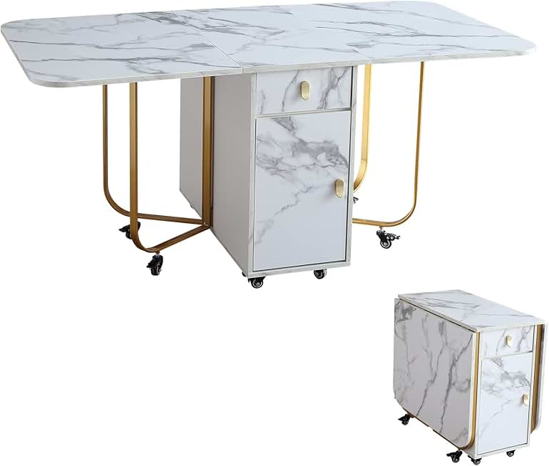 Folding Dining Table with Storage Rack and 2 Drawers, Foldable Kitchen Table Extendable Versatile Table, Space Saving Dining Table with 4 Support Legs (White)