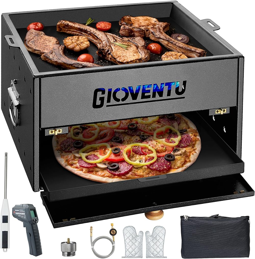 [2024 New] 2-in-1 Propane Grill Camping Oven, Portable Gas Grill Made with Heavy-duty Cast Iron, High Output 15,000 BTU, Table Top BBQ Grill for Outdoor Camping, Grilling, Barbecuing Baking etc