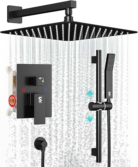SR SUN RISE 12 Inch Slide Bar Shower Faucet Luxury High Pressure Shower Heads and Handheld Spray Combo Set Wall Mounted Shower System Included Valve and Trim Kit, Matte Black