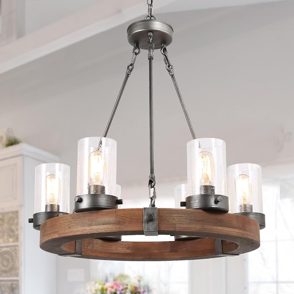 Farmhouse Chandelier, Wood Round Wagon Wheel 6-Light Fixture with Seeded Glass Shades for Dining & Living Room, Bedroom, Kitchen and Foyer