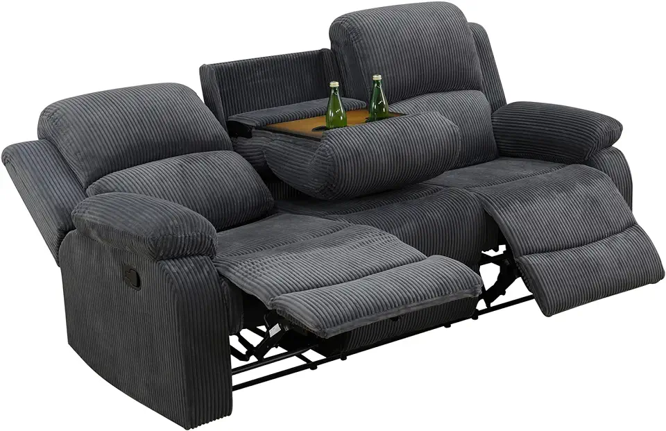 Flannel 3 Seater, Pull-down Table, Wall Hugger Sofa Recliners, Living Room Furniture for House/Office/Rv, Dark Grey