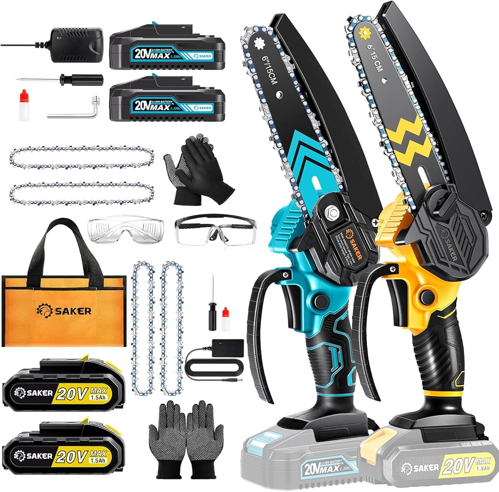 Saker Mini Chainsaw,6 Inch Portable Electric Chainsaw Cordless and Saker Mini Chainsaw Cordless 6-Inch 2023 Upgrade Switch Security Lock