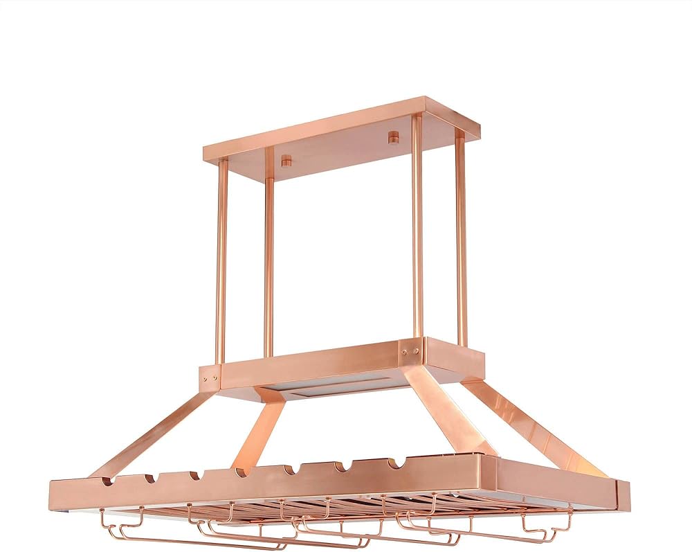 Elegant Designs WR1000-CPR Kitchen Hanging LED Light Overhead Wine Rack Island Pendant Chandelier Bottle and Glass Storage Display, Copper