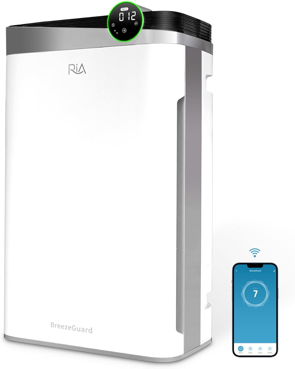 RIA Smart Air Purifier BreezeGuard 2-in-1 Built-in Humidifier - Quiet Industrial Grade Air Cleaner for Large Homes up to 2500 SqFt| Smart App, Office, Wildfire Smoke Dust PM2.5, Allergens & Pet Dander