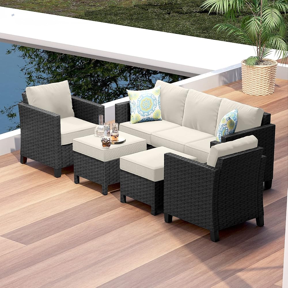 Nestl Patio Furniture Set - Outdoor Patio Furniture Sets, Patio Sectional Furniture Set, 5 Piece Patio Furniture Sets, Patio Conversation Sets, Black Wicker Patio Furniture with Off White Cushions
