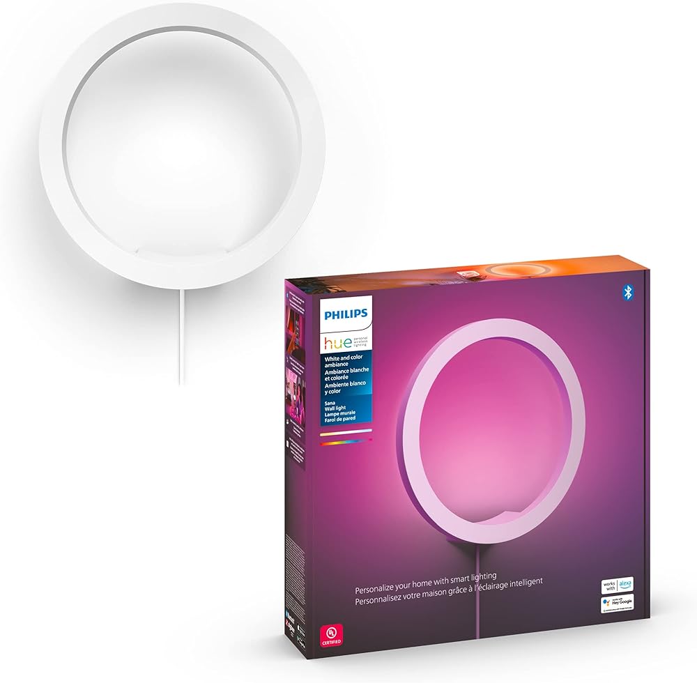 Philips Hue Sana Wall Light, White - White and Color Ambiance LED Smart Color-Changing Light - Pack of 1 - Control with Hue App - Compatible with Alexa, Google Assistant, and Apple Homekit