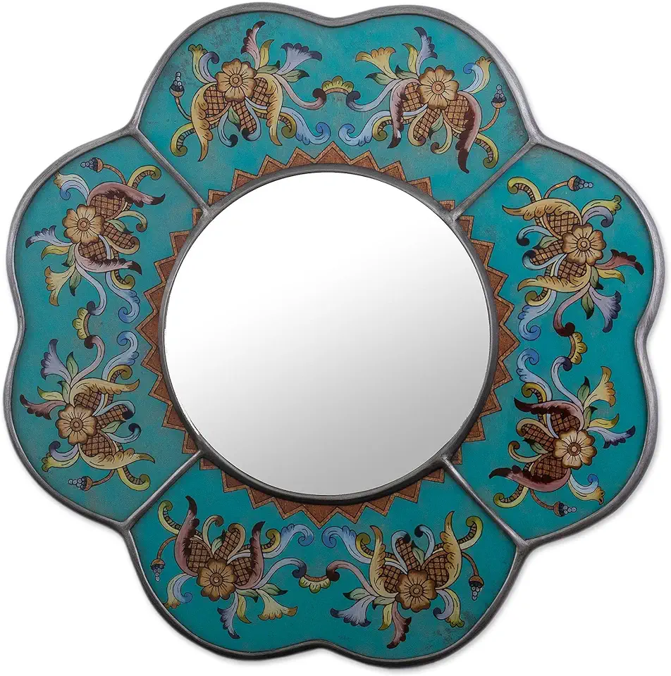 NOVICA Artisan Handcrafted Reversepainted Glass Wall Mirror Artisan Blue Multicolor Glasswood Peru Decor Mirrors Floral Colonial [Frame 16in H x 16in W x 0.4in D Mirror 7.5in W x 7.5in H] ' Colonial
