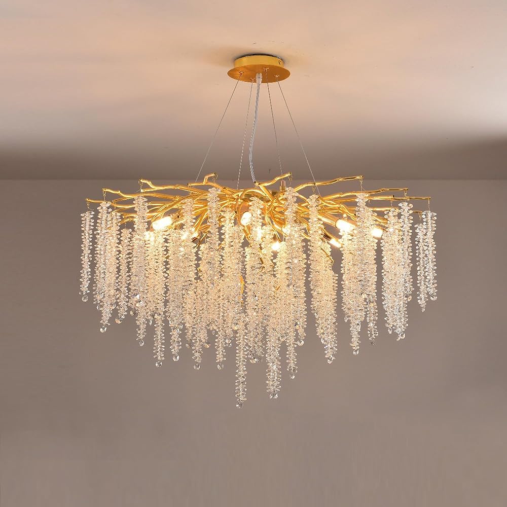 Tree Branches Chandeliers Gold Luxury Round Raindrop Crystal Pendant Light 8 Lights Ceiling Hanging Light for Dining Room Bedroom Living Room Entryway 23.7