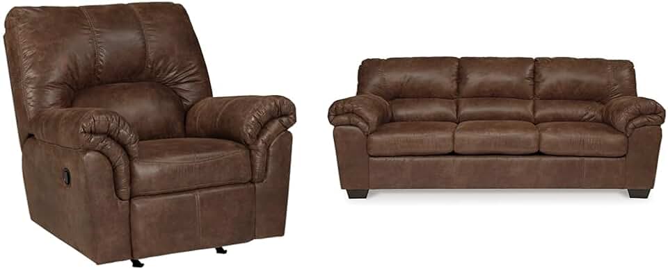 Ashley Bladen Faux Leather Manual Rocker Recliner and Sofa 2-Piece Set, Brown