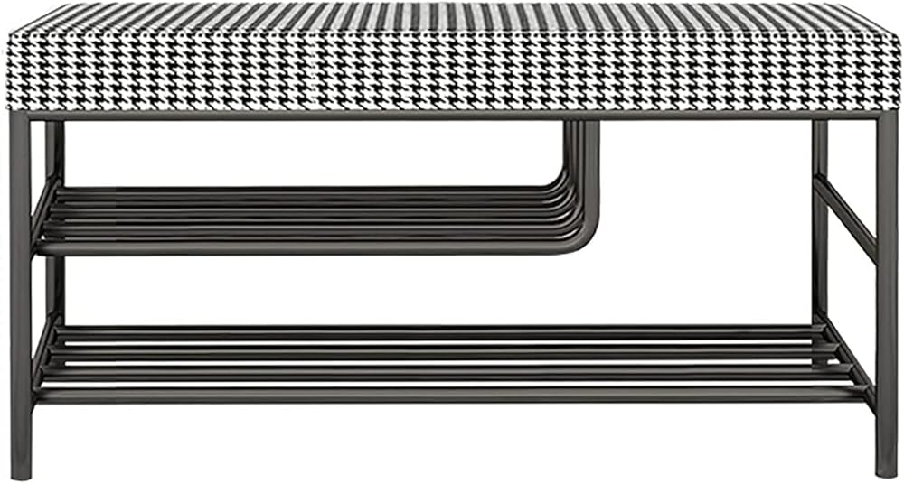 Shoe Storage Bench Entryway Hallway Furniture, Shoe Bench with 2-Tier Metal Shelves Storage Entryway Shoe Rack with Anti-Slip Foot Pad for Bedroom Living Room(Houndstooth-a,80 * 32 * 45 cm)