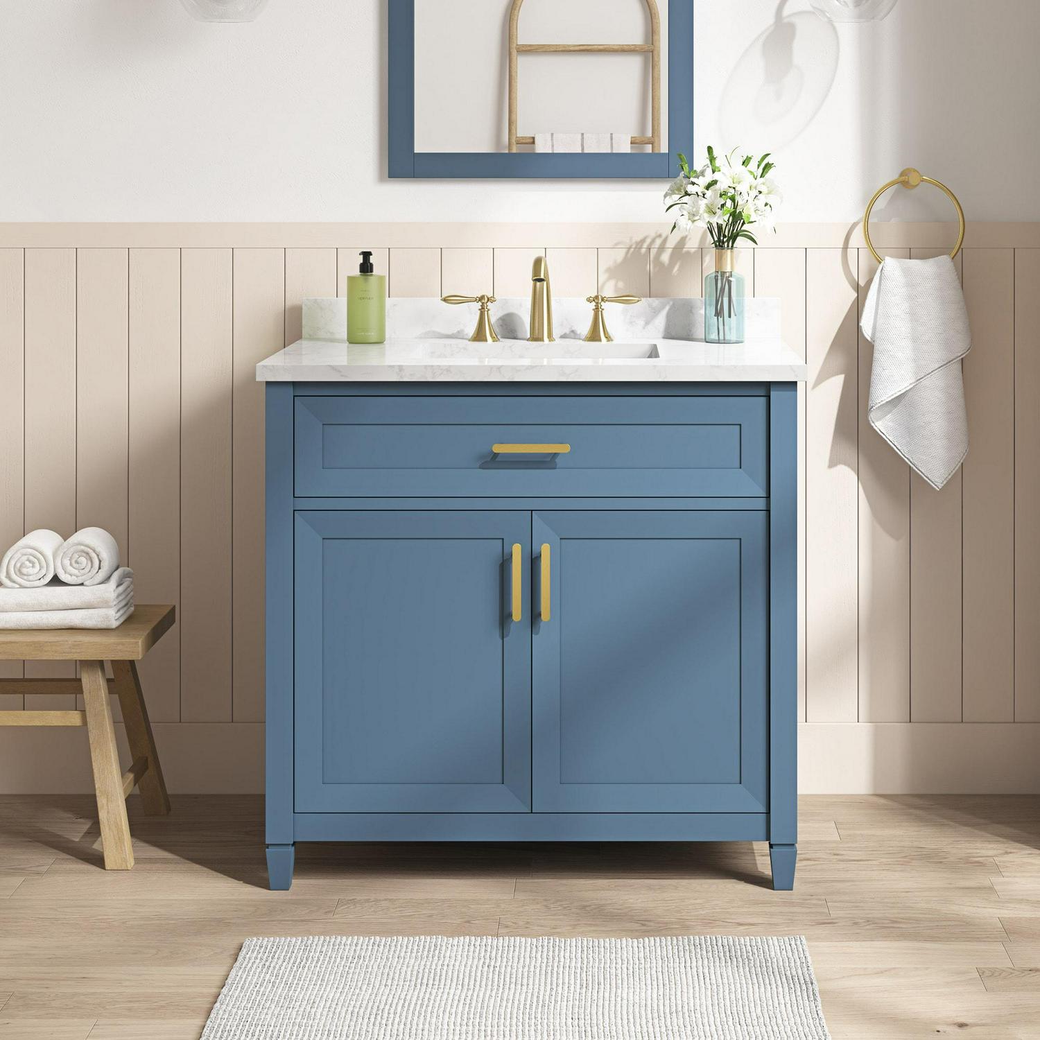 allen + roth Lancashire 36-in Chambray Blue Undermount Single Sink Bathroom Vanity with White Engineered Stone Top