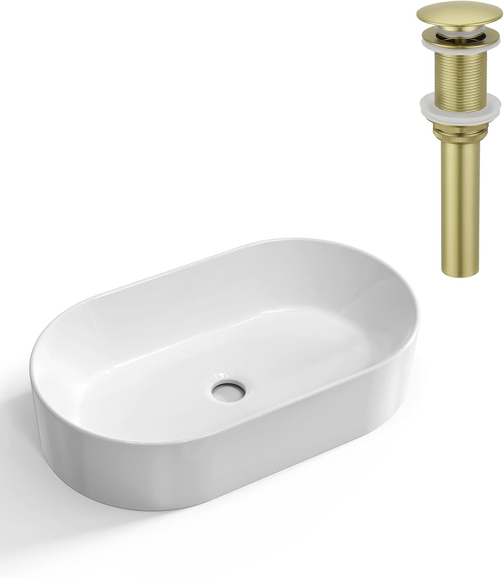 KES Oval Above Counter Ceramic Countertop Modern Sink Bathroom Pop Up Drain Assembly Stopper Brushed Gold, BVSO126+S2008D-BZ