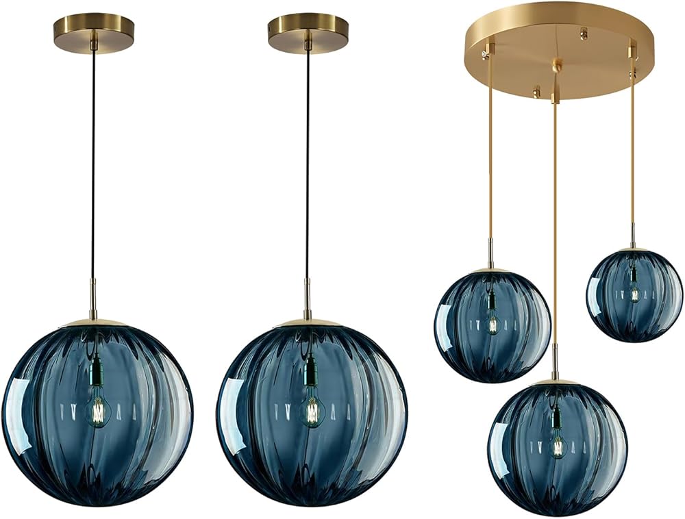 KCO Lighting Blue Glass Pendant Light Single Blue Globe Pendant Lighting 3 Light Globe Cluster Pendant Light Modern Large Globe Cluster Chandelier Gold Kitchen Island Pendant Lighting