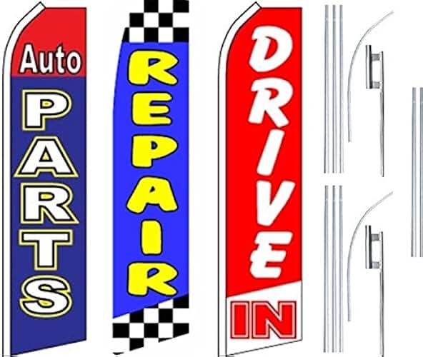 Auto Shop Services Super Flag 3 Pack & Poles-Auto Parts-Repair-Drive In