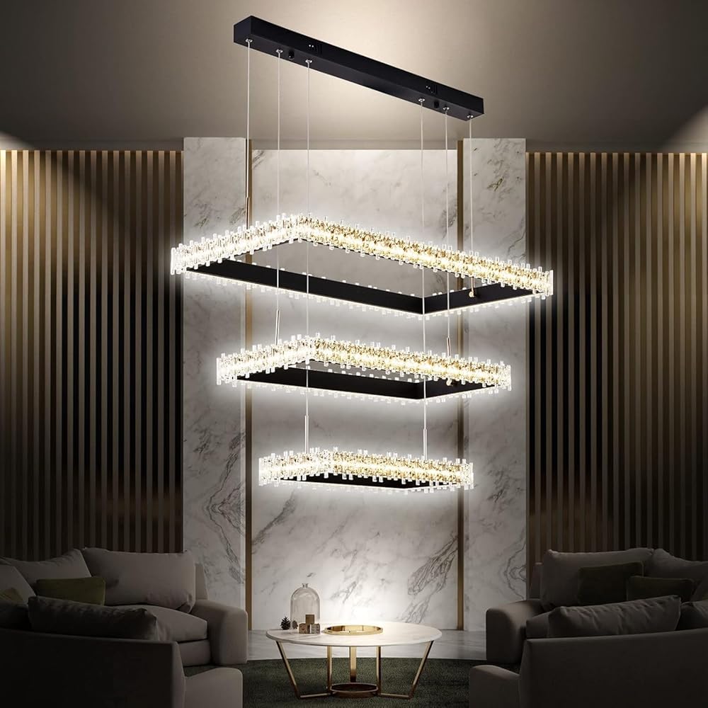 Modern Chandelier, Luxury Modern Crystal Chandelier 3 Ring Rectangle Chandelier for Dining Room Light Fixture Modern Led Chandelier Dimmable w Remote,Led Pendant Light for Kitchen Island Lighting