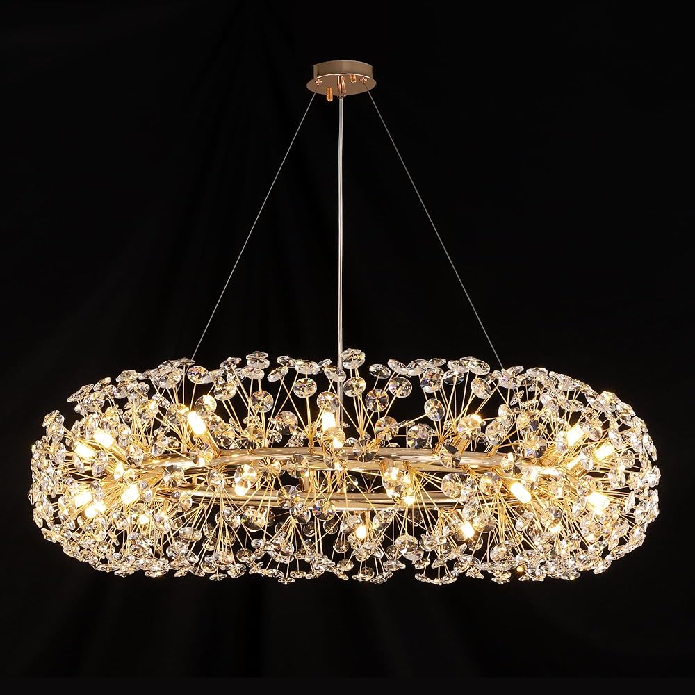 Wellmet Modern Crystal Chandelier 37 inch, Firework Chandelier Gold Wagon Wheel Light Fixture, Mid Century Round Ceiling Lighting for Dining Room, Foyer, Living Room, Bedroom, Hallway, Entryway