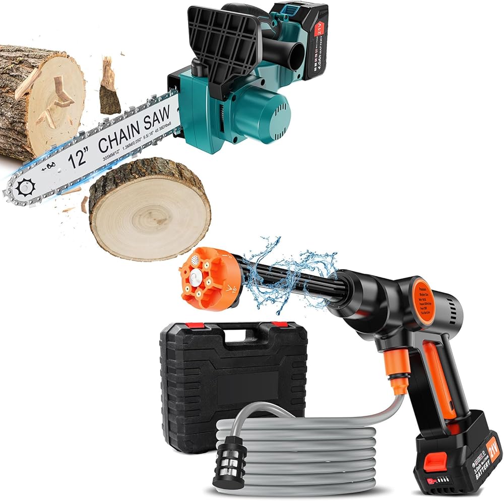 12 Inch Battery Powered Chainsa and Battery Powered Pressure Washer