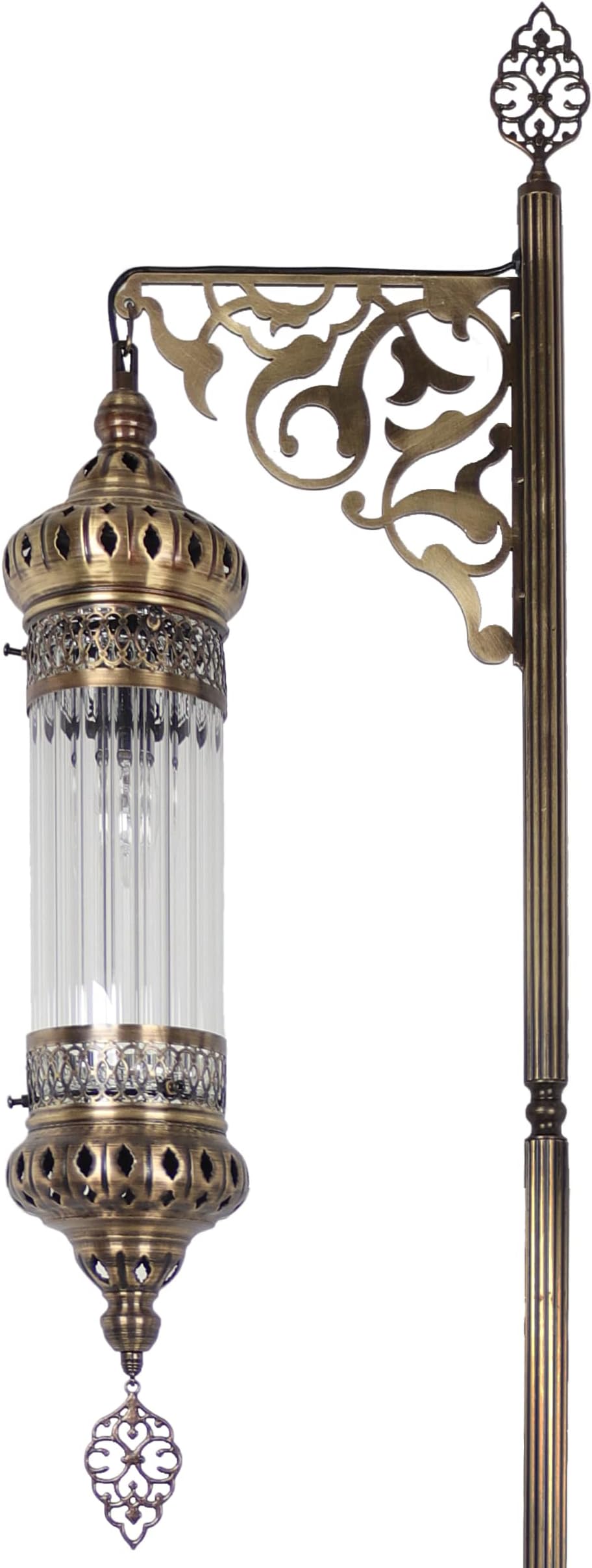 DEMMEX Turkish Moroccan Ottoman Era Style Antique Vintage Standing Floor Lamp, Antique Brass Metal Body, Shatterproof Pyrex Glass, 5.5 ft -165cm