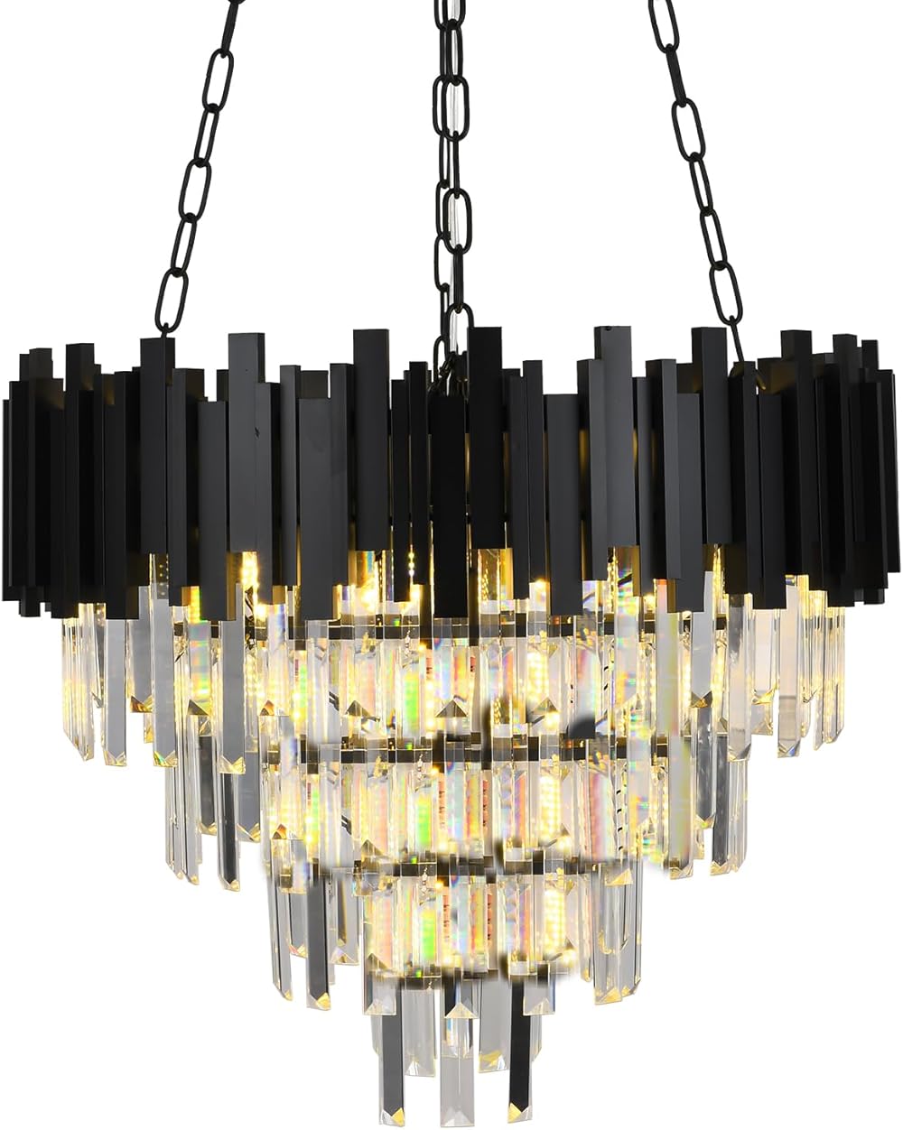 Modern Crystal Chandelier Lights Fixture Black 4-Tier Raindrop Flush Mount Hanging Pendant Light Fixtures Round Luxury Chandeliers for Dining Room Living RoomEntryway (D24in-12 Light)